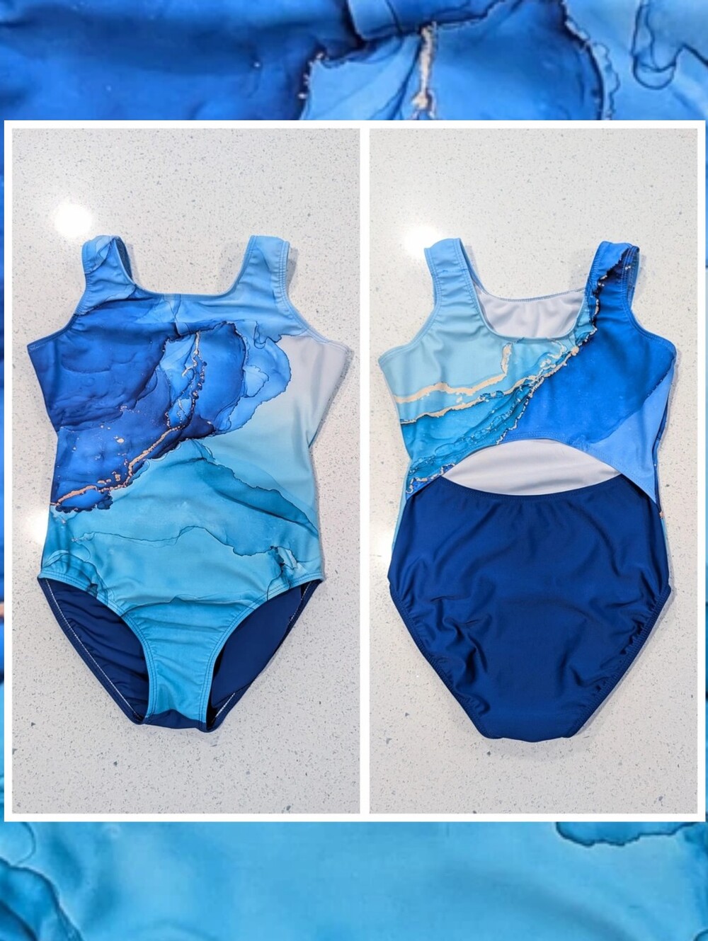 Destira Gymnastics Dance Leotard CL Large MARBLING Marble Blue Gold Open Back